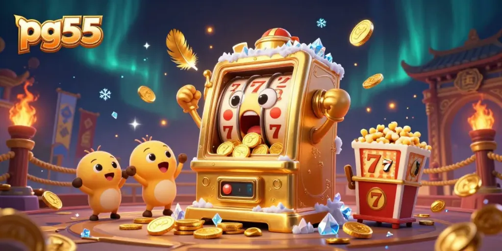 pg55 celebrates a jackpot win with a joyful golden slot machine, coins cascading.