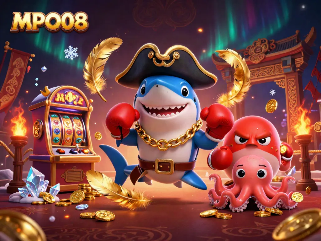 MPO08 casino scene showcasing a cartoon shark, pufferfish, and octopus celebrating a jackpot win