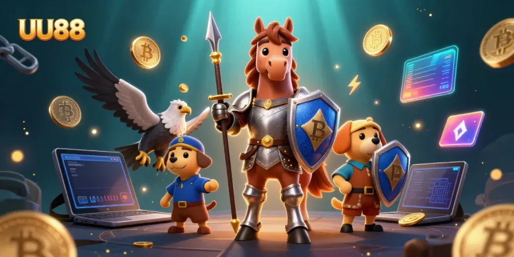Experience the excitement of UU88 with 3D knight and gaming elements in a vibrant casino scene.