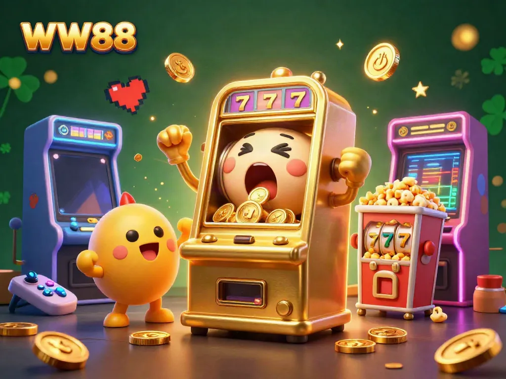 WW88 slot machine hits the jackpot, showered with coins, radiating joy and excitement.