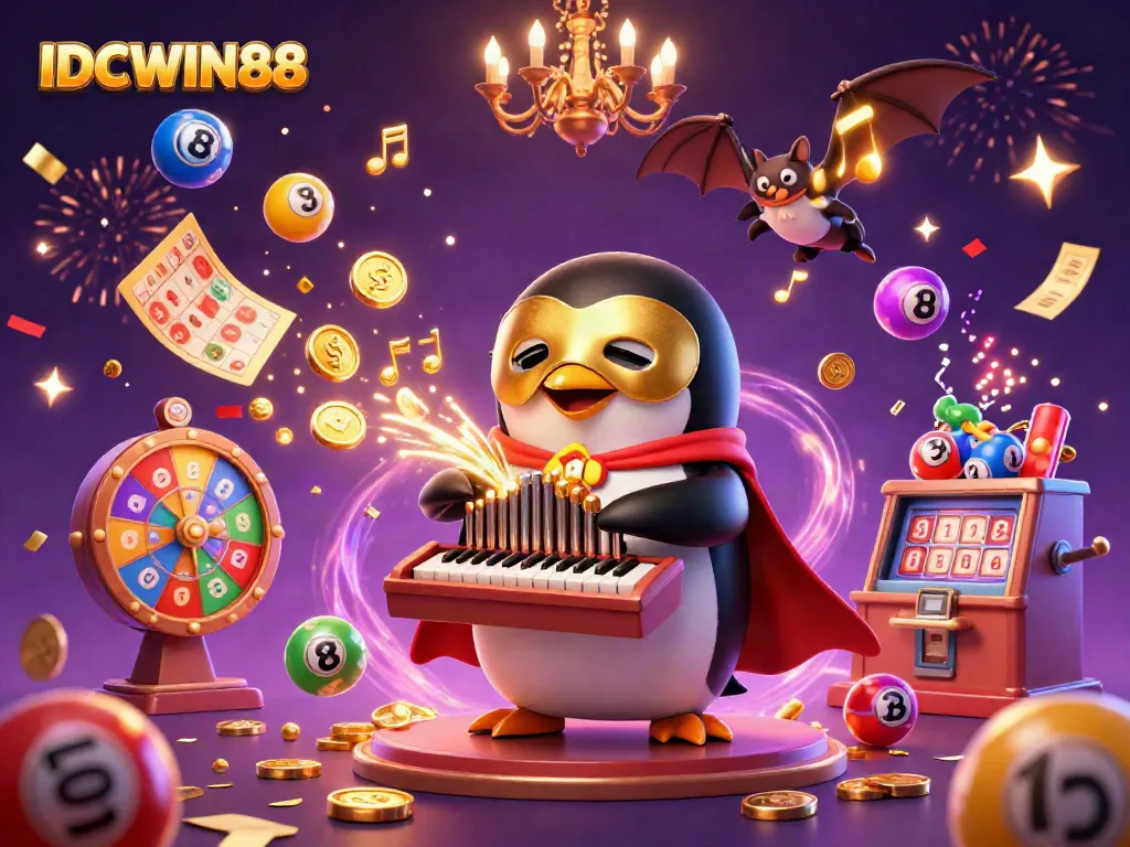 Experience the excitement of IDCWIN88 with a 3D animated penguin playing a winning organ surrounded by colorful lottery games.