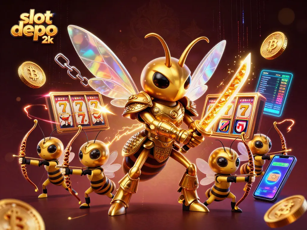 Engage with slot depo 2k in this vibrant 3D illustration featuring dynamic gaming elements and characters.