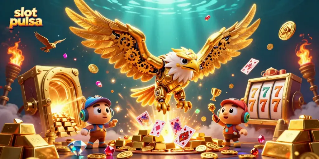 Engage in thrilling slot pulsa experiences with a cybernetic eagle diving through dazzling casino elements.