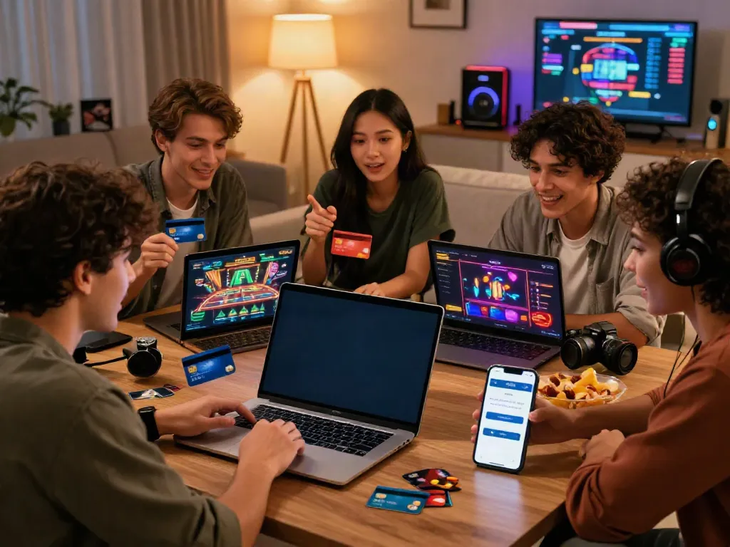 Friends enjoying gaming while discussing credit card casinos UK payment options in a cozy living room.