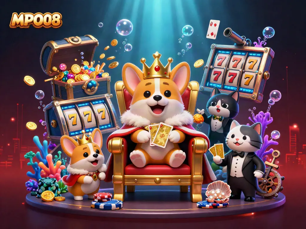 MPO08 highlights the exciting features of a vibrant online casino environment with a corgi king and vivid game elements.