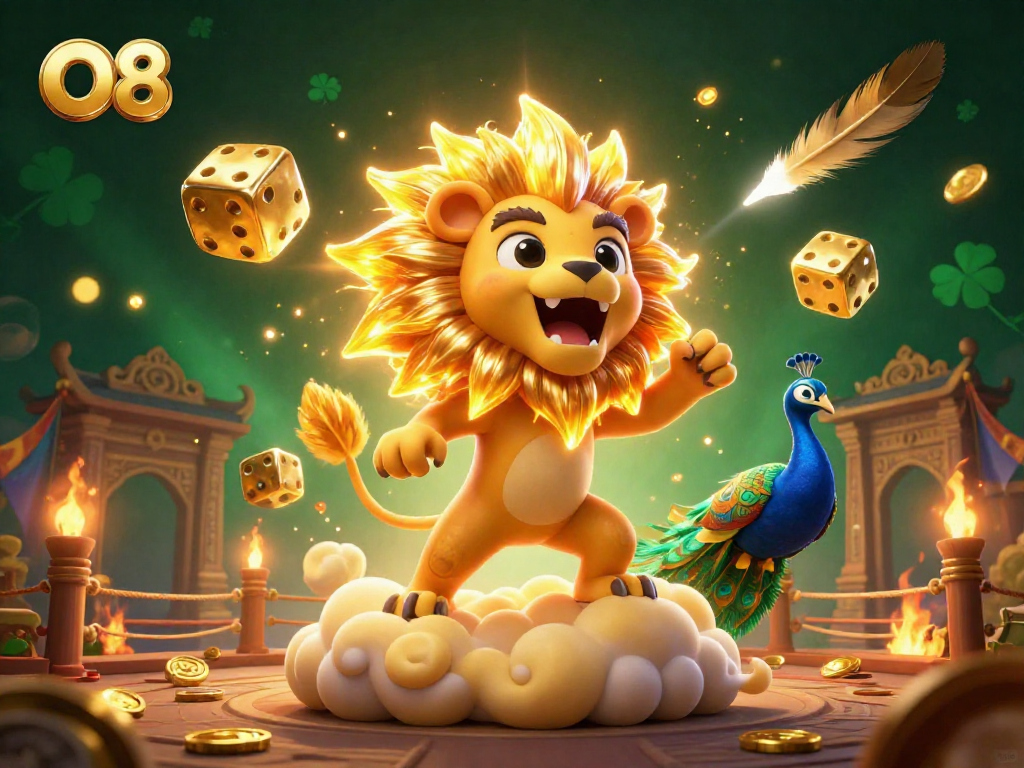 Experience the thrilling world of O8 with a majestic sun lion, golden dice, and vibrant casino elements.