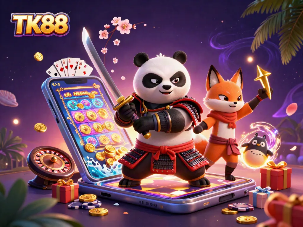 Experience thrilling gaming action with TK88, featuring a samurai panda and dynamic casino elements.