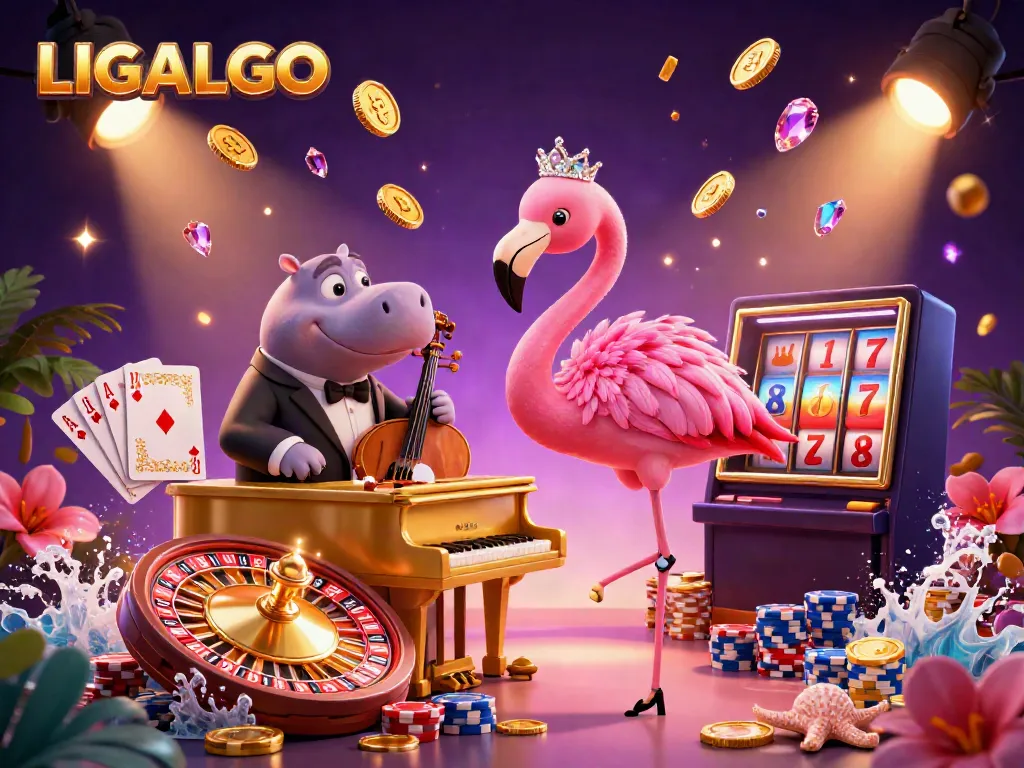 Experience the thrill of live betting with LIGALGO in a vibrant casino scene featuring a flamingo singer, hippo bassist, and dazzling game elements.