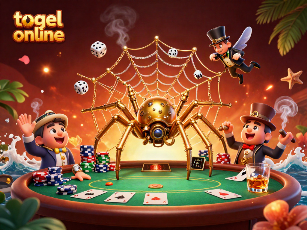 Engage in togel online as a golden spider spins its web of poker chips and cards.