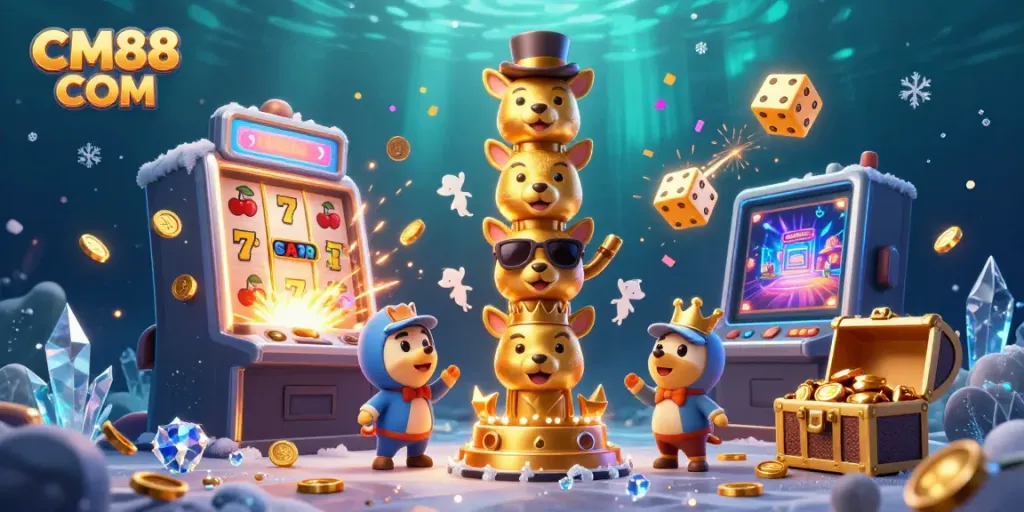 Experience the excitement of CM88 COM with this vibrant 3D casino illustration featuring dynamic game elements and character interactions.