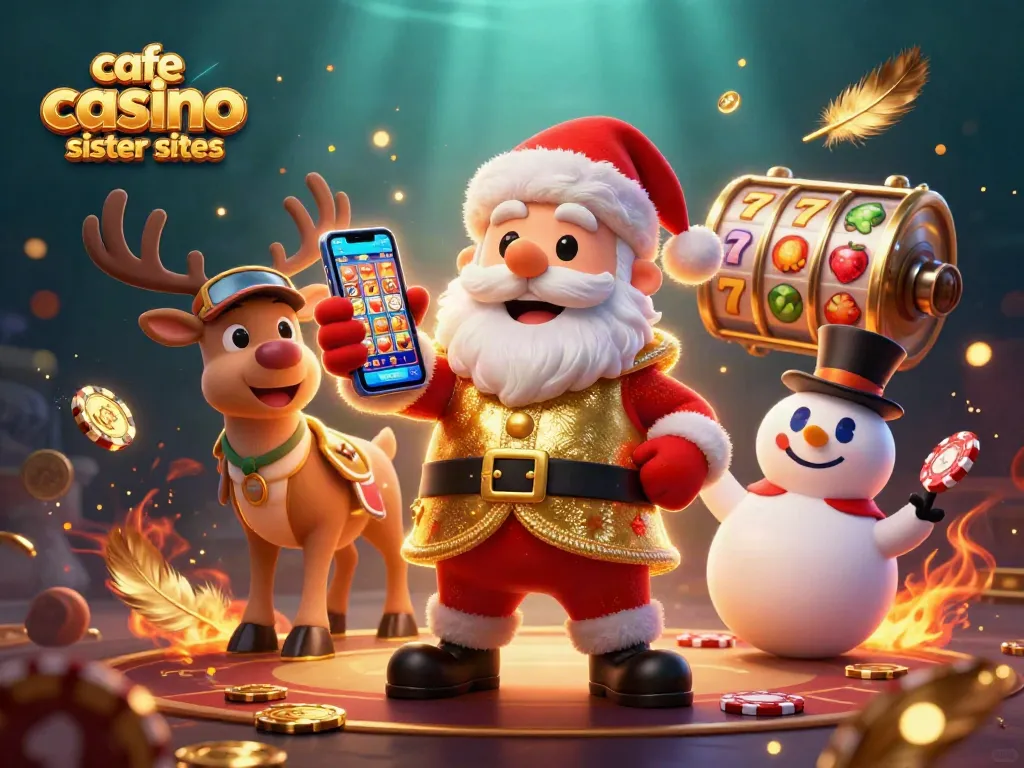 Explore cafe casino sister sites with a vibrant 3D scene featuring Santa, his reindeer, and a snowman.