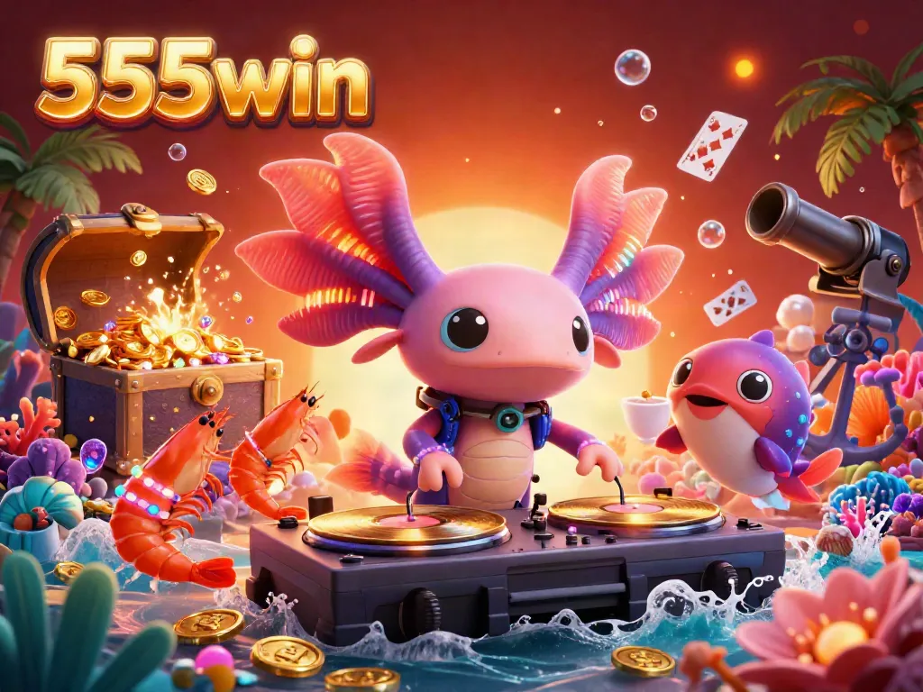 Win big with 555win in this vibrant underwater casino scene featuring a neon axolotl DJ.