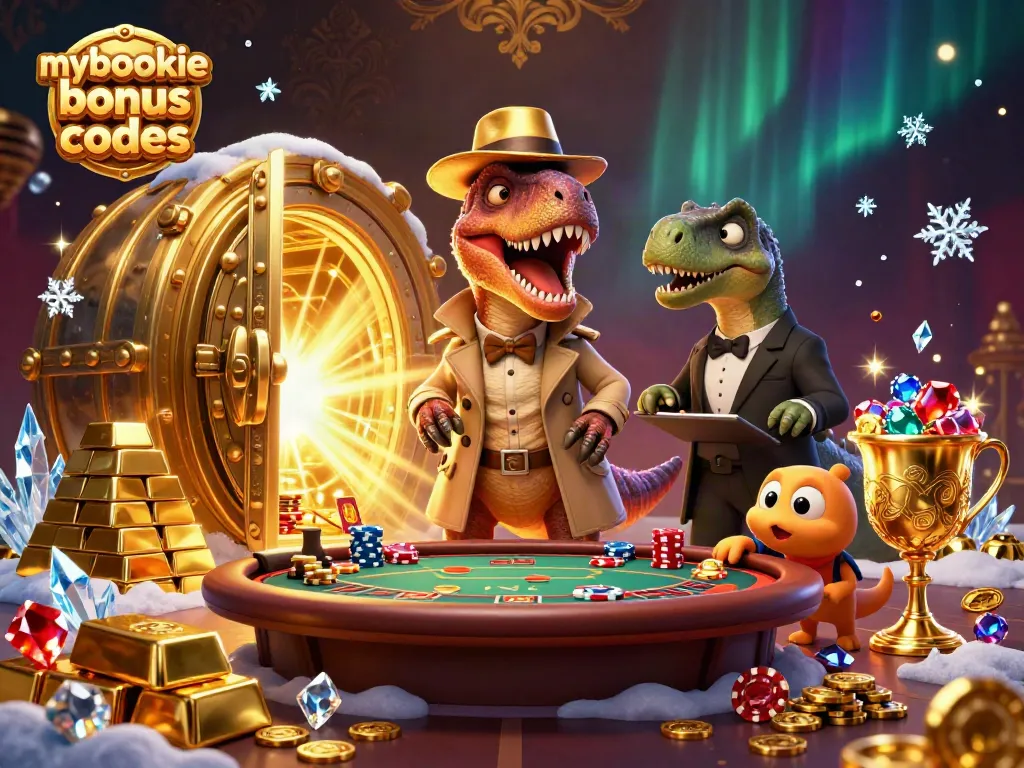 3D velociraptor at a blackjack table while exploring mybookie bonus codes features scattered gems and gold.