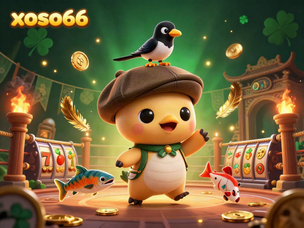 xoso66 showcases a dynamic casino scene with playful characters, slot reels, and vibrant elements.