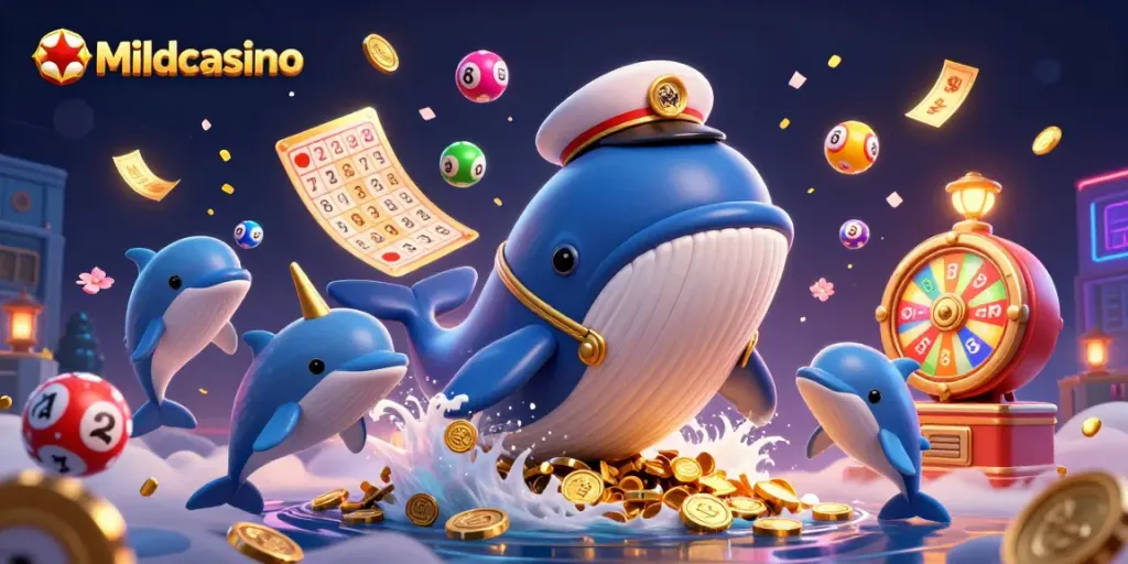 Mildcasino showcases an exciting scene with a cartoon whale, golden tickets, and vibrant casino elements, inviting players to join the fun.