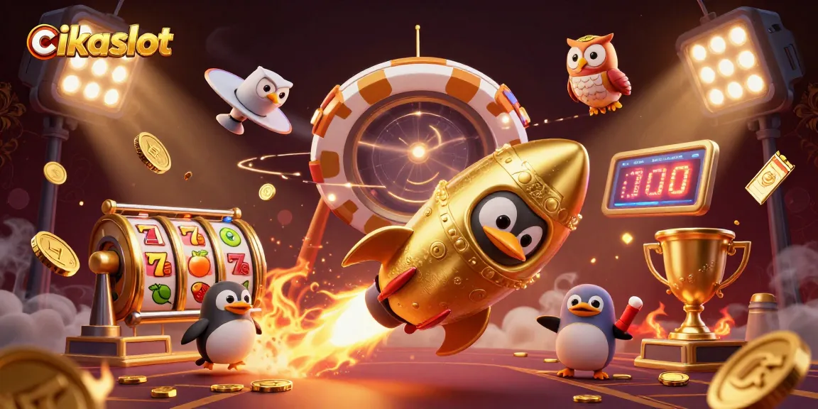 Cikaslot's golden penguin character ventures through a vibrant casino galaxy filled with slot symbols and trophies.