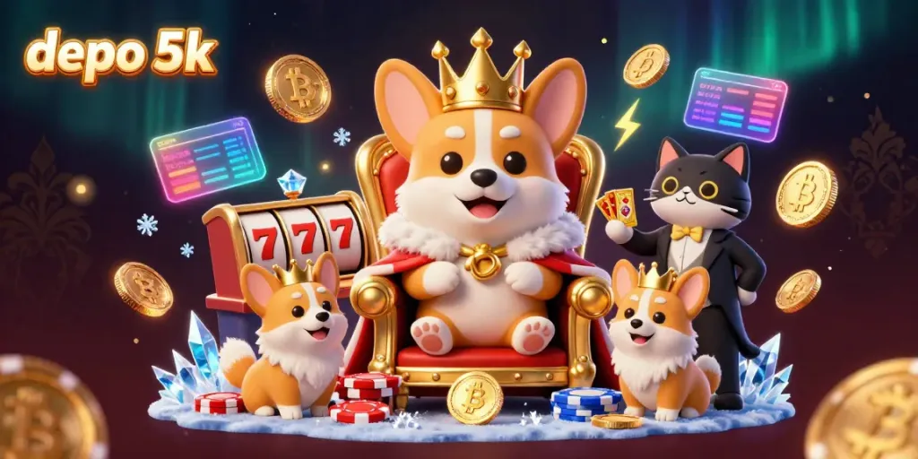 Experience depo 5k as a royal corgi rules with slot reels and vibrant crypto elements in a lively casino scene.