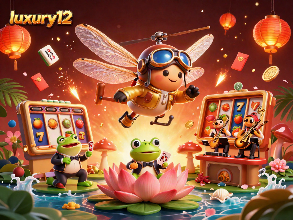 Experience luxury12 with a vibrant 3D scene of a dragonfly pilot and frog croupier in action.
