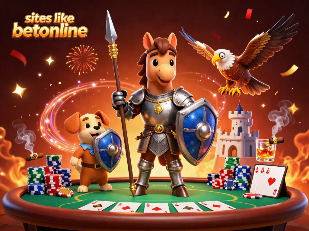 Engage with top sites like betonline, exploring poker excitement with characters in a vibrant casino scene.