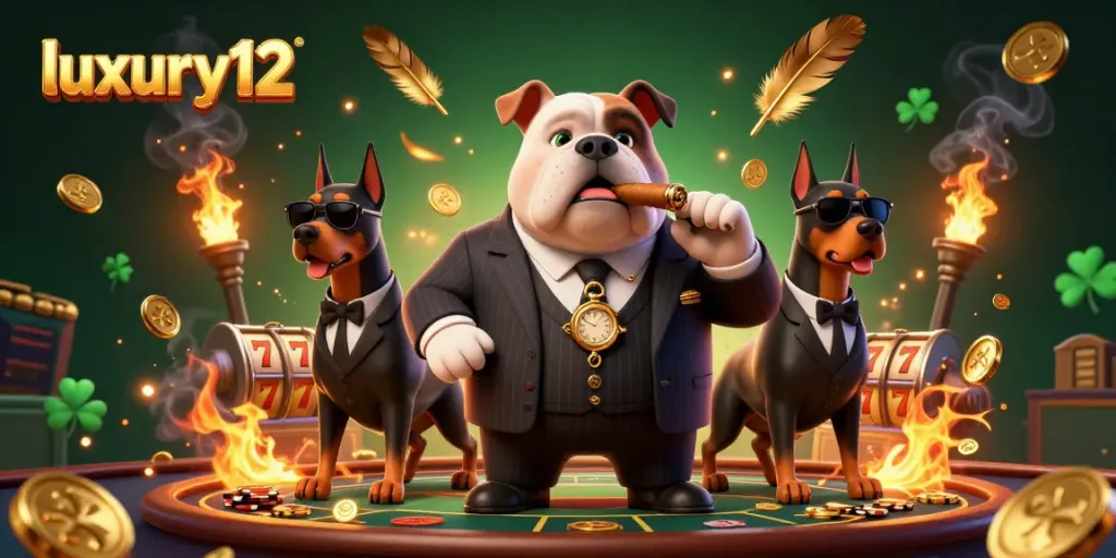 Experience thrilling wins at luxury12 with a dynamic casino scene featuring a mafia bulldog and slot reels.
