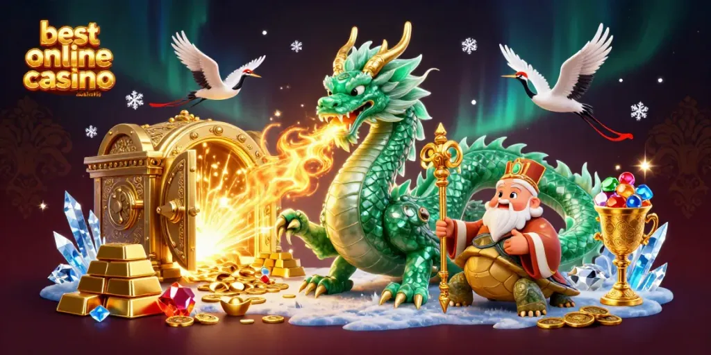 Witness the majestic scene of best online casino Australia featuring a jade dragon and animated treasures.