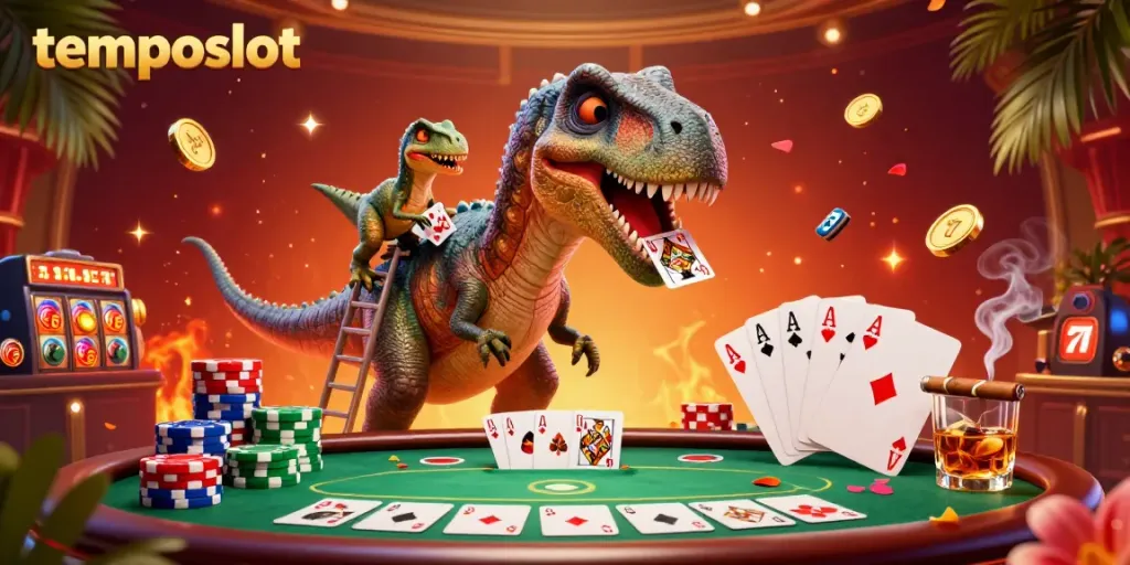 Experience the excitement of temposlot with a giant cartoon brontosaurus and dynamic poker action.