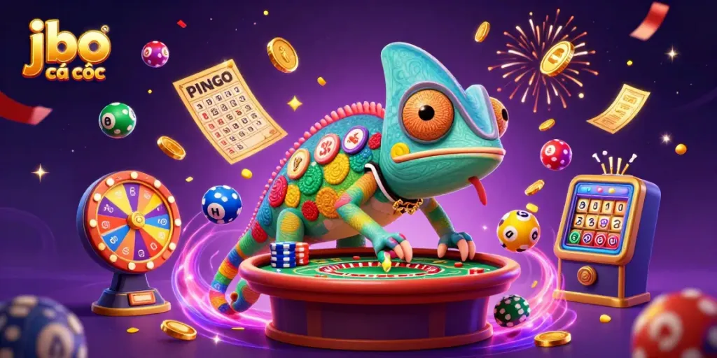 Experience vibrant jbo cá cược action with a chameleon casino owner amidst dynamic gaming elements and celebratory effects.