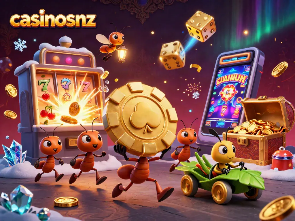 Ants carrying a giant poker chip in a vibrant casino heist scene at casinosnz.