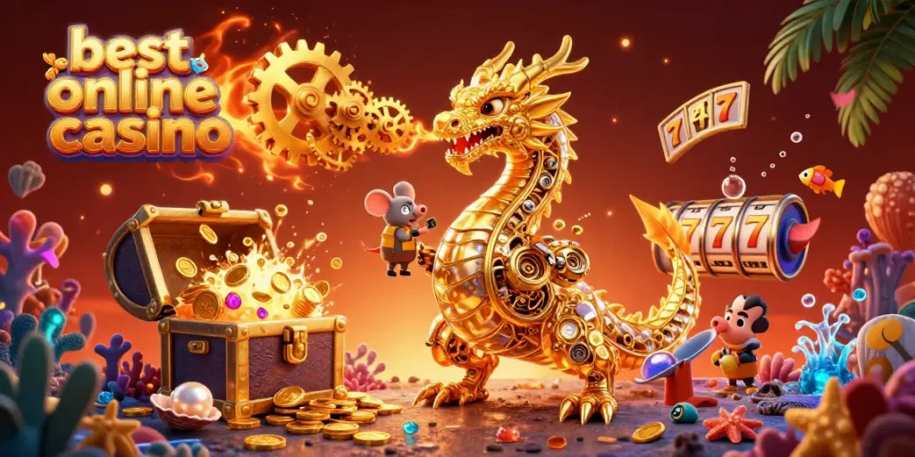 Experience the best online casino with a stunning scene of a mechanical dragon surrounded by treasure.