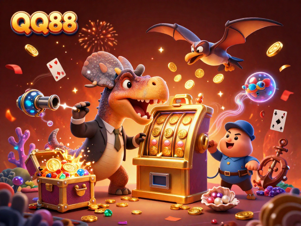 Experience the thrill of QQ88 as the pachycephalosaurus triggers a jackpot, surrounded by colorful casino elements.