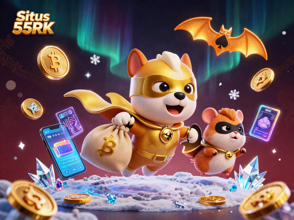 Situs 55RK celebrates gaming thrills with a superhero dog flying in a rich, detailed digital casino scene.