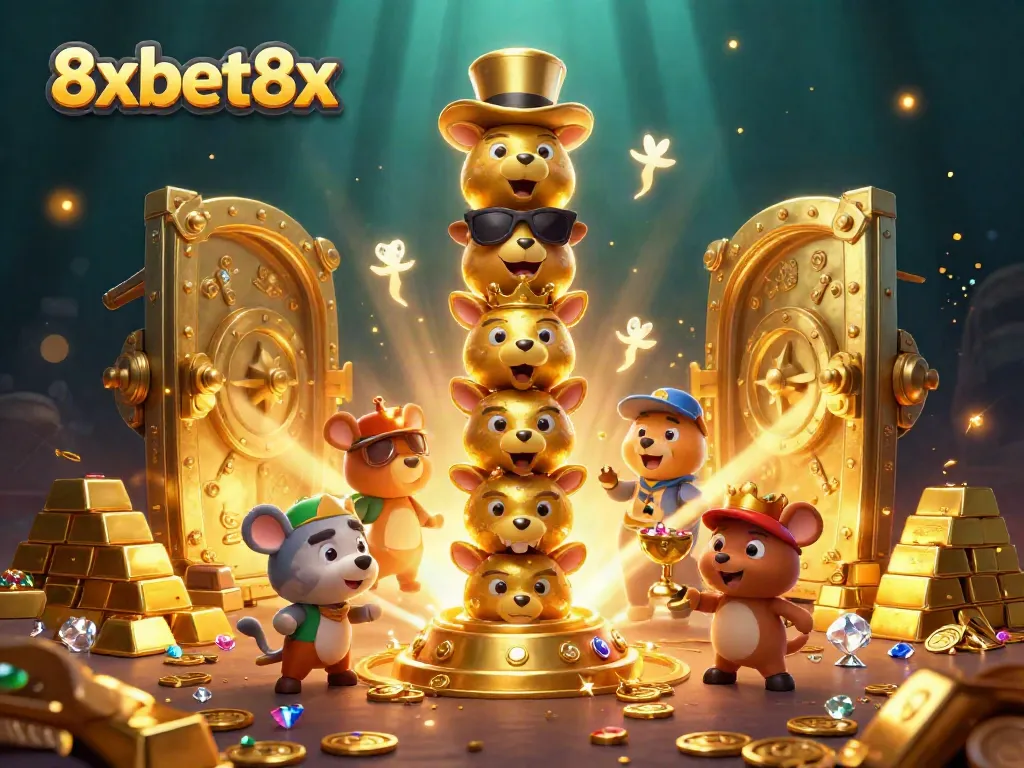 Join the gaming action with 8xbet8x as vibrant characters celebrate at a dynamic casino scene.