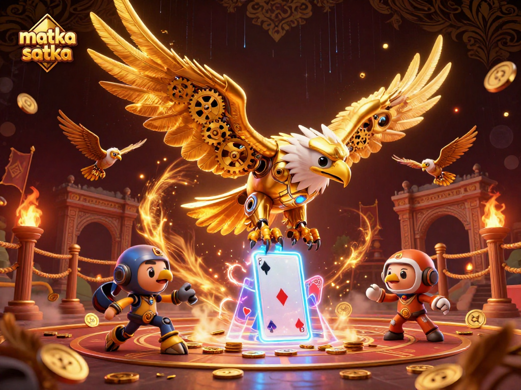 Experience the thrill of matka satka with a dynamic 3D illustration of a golden eagle amidst cascading cards.
