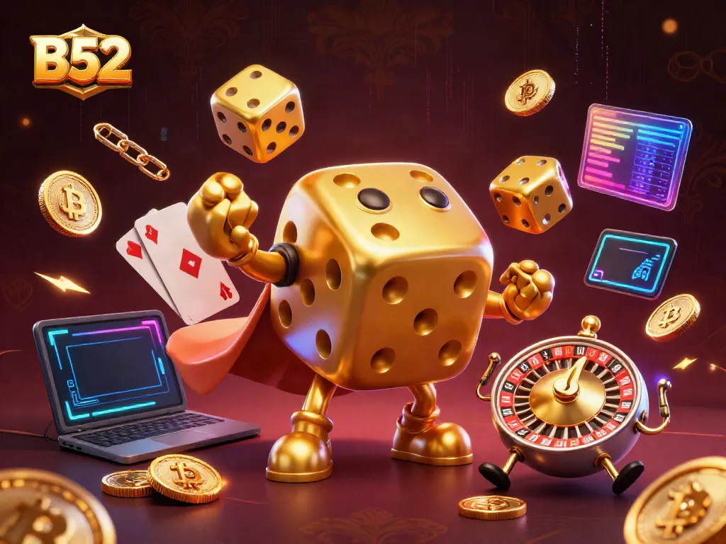 B52 casino scene with golden dice golem and crypto elements, showcasing dynamic gambling excitement.