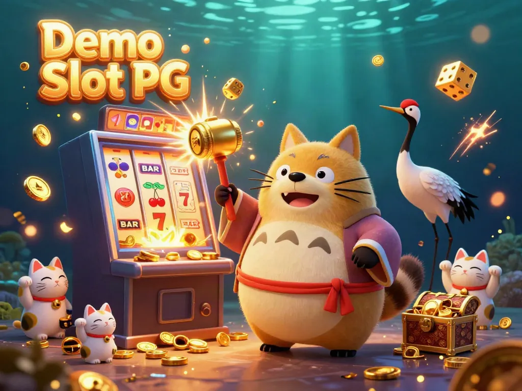 Experience the excitement of Demo Slot PG with a cheerful tanuki and fortune cats in a vibrant casino scene, showcasing a jackpot explosion.
