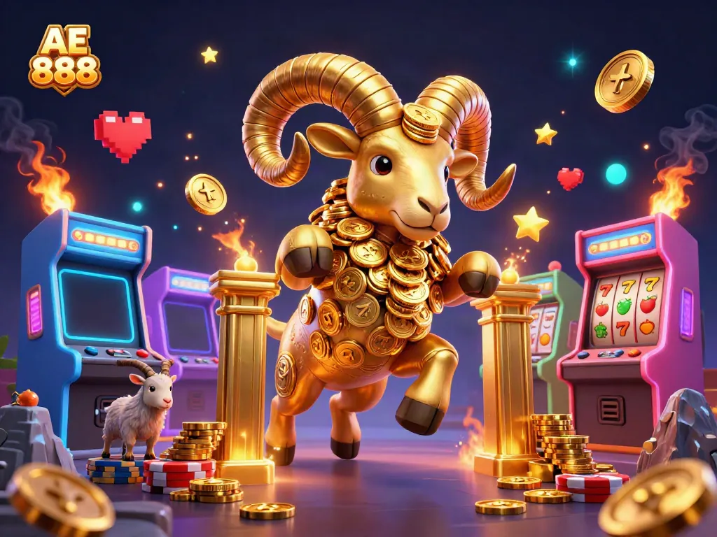 Experience the excitement of AE 888 with a vibrant illustration showcasing a golden ram charging through a glittering casino.