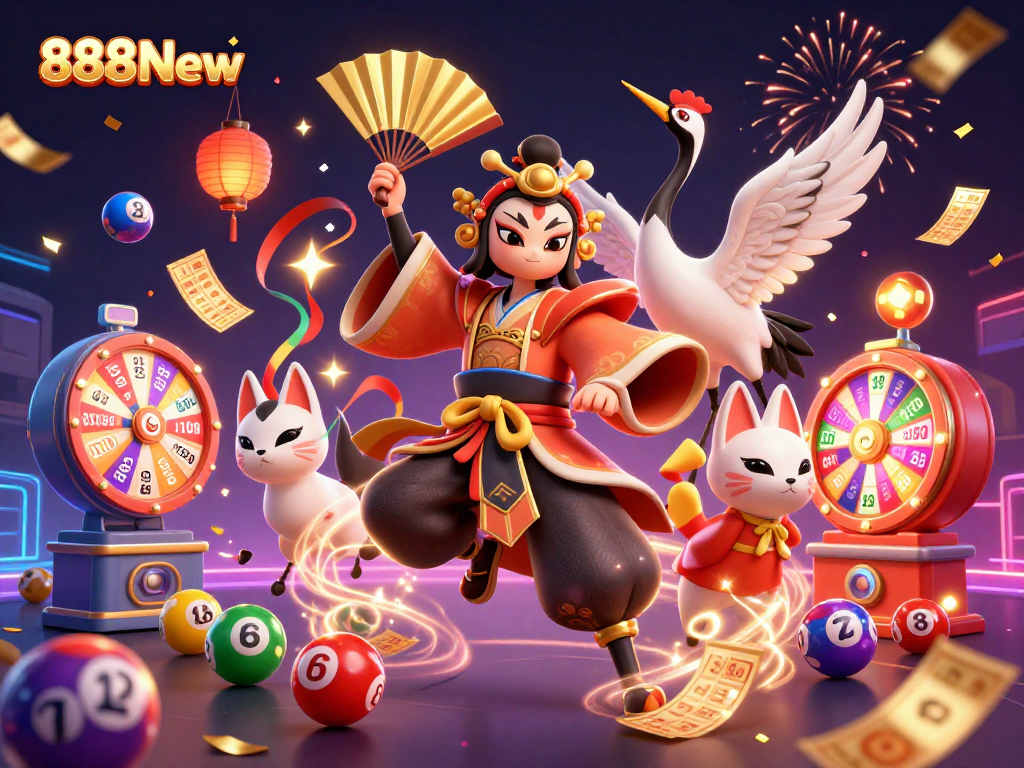 Experience dynamic gaming excitement at 888New with vibrant illustrations of lottery balls and casino fun.