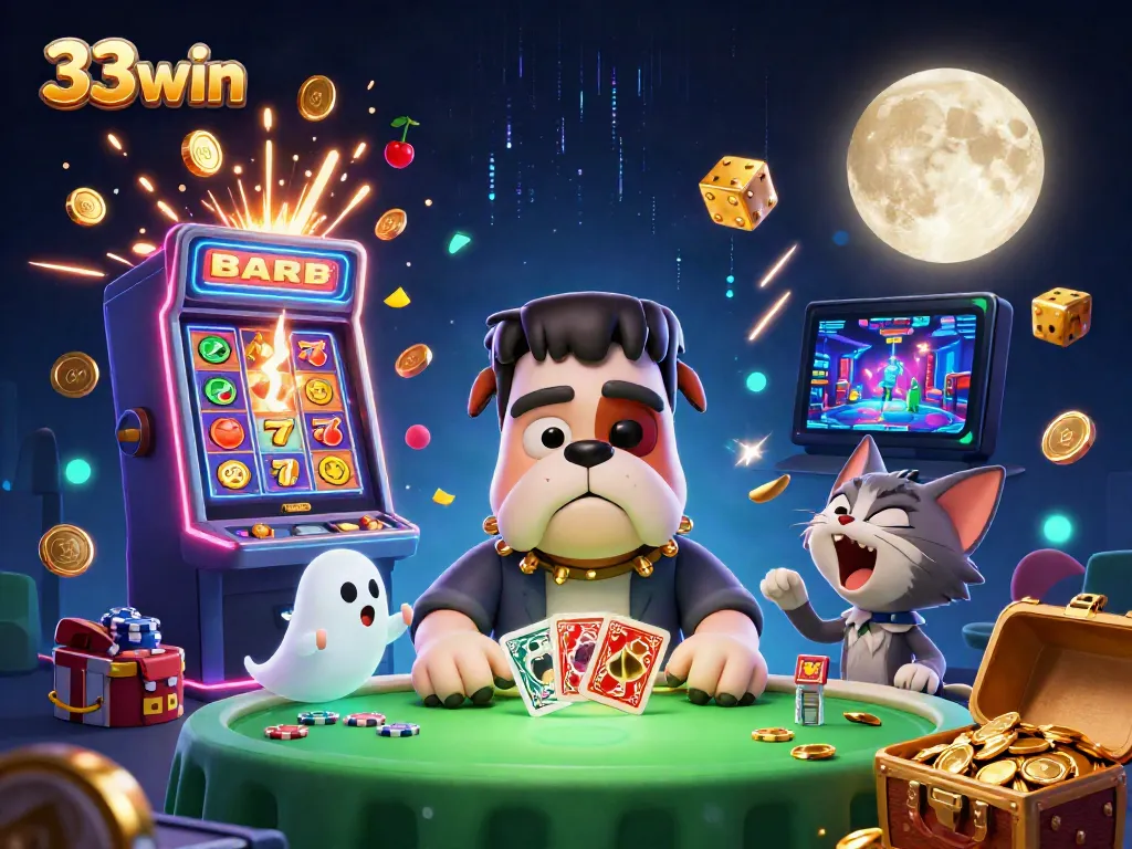 33win themed casino illustration featuring colorful characters, slot machines, and promotional elements.