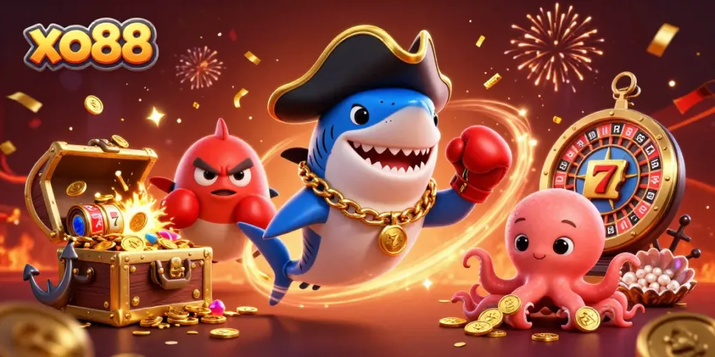 Experience thrill at xo88 with a vibrant underwater casino scene featuring friendly characters and exciting games.