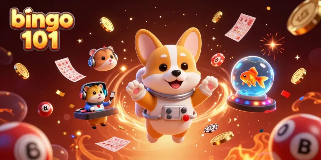 Bingo 101 app scene featuring fun characters enjoying a vibrant bingo game environment in a space station casino.