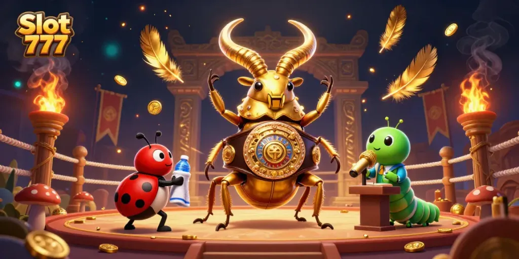 Slot 777 tampil memukau dengan fitur animasi 3D menarik dan karakter kartun yang beraksi di arena, dikelilingi koin emas.